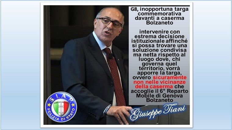 Targa Genova: Tiani al Capo della Polizia, “scelta provocatoria, trovare soluzione condivisa”. La posizione del SIAP nelle dichiarazioni del Segretario Generale