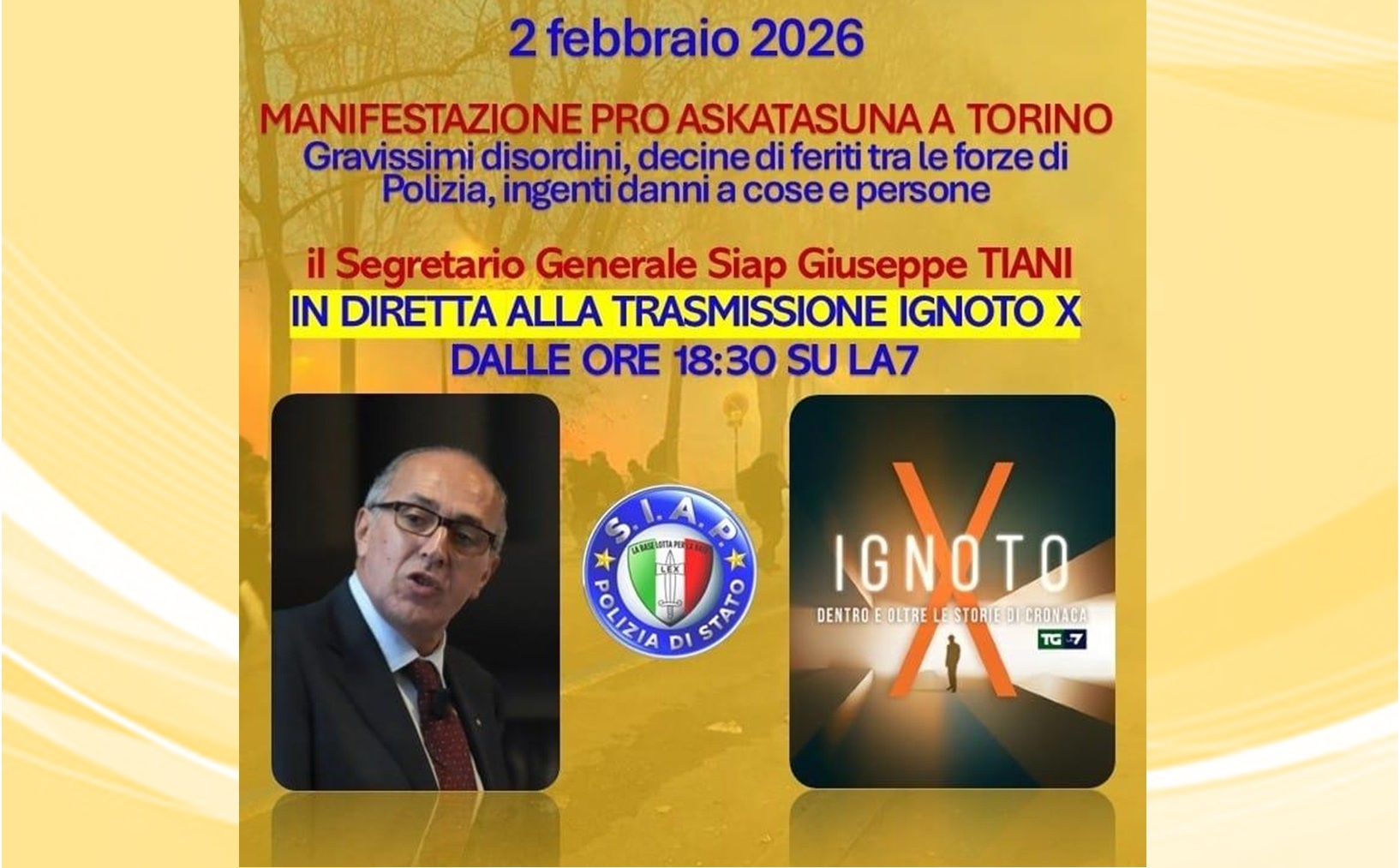 Il Segretario Generale Tiani in diretta alle 18,30 a La7 sui gravissimi fatti d Torino