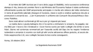 15 OTTOBRE 2014 VARATA LA LEGGE DI STABILITA\' E LO SBLOCCO SALARIALE PER LA POLIZIA. E\' FINITA COME AVEVA DETTO E  PREVISTO IL SIAP !