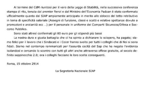 15 OTTOBRE 2014 VARATA LA LEGGE DI STABILITA' E LO SBLOCCO SALARIALE PER LA POLIZIA. E' FINITA COME AVEVA DETTO E  PREVISTO IL SIAP !
