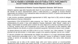 SICUREZZA STADI  Inaccettabile e assurdo che nei palazzi delle istituzioni si tratti di organizzazione di eventi sportivi e anche di ordine pubblico con pregiudicati per reati di violenza sportiva. L\'intervento del SIAP