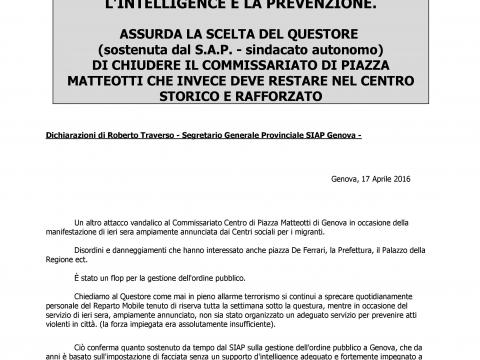 FLOP ORDINE PUBBLICO NEL CUORE DI GENOVA.  LA SICUREZZA SI GARANTISCE CON L'INTELLIGENCE E LA PREVENZIONE.
