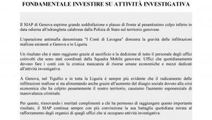 PLAUSO DEL SIAP PER IMPORTANTE OPERAZIONE ANTIMAFIA A GENOVA  