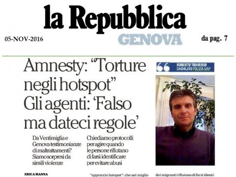 SIAP GENOVA: ARTICOLO DI AMNESTY  "TORTURE NEGLI HOTSPOT...", Il SIAP "FALSO!, MA DATECI REGOLE"