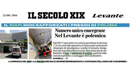 SIAP GENOVA : SICUREZZA TIGULLIO - A FEBBRAIO 2017 PARTIRÀ IL NUMERO UNICO PER L'EMERGENZE PER LA SICUREZZA DEI CITTADINI. 