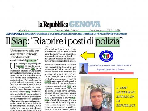 SIAP GENOVA : UNA FIRMA PER LA RIAPERTURA DEI POSTI DI POLIZIA NEGLI OSPEDALI DI GENOVA E DEL TIGULLIO