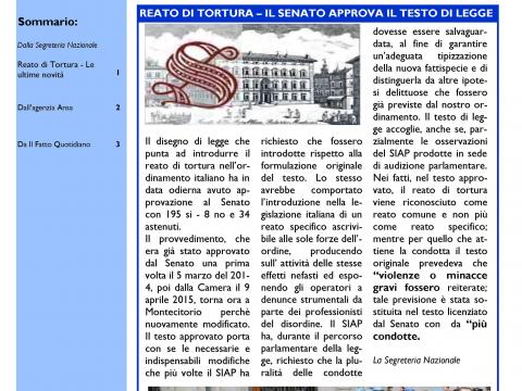 SIAPINFORM@05: REATO DI TORTURA, IL SENATO APPROVA IL TESTO DI LEGGE